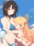  2girls ahoge atago_(kantai_collection) bangs beads beret bikini black_hair blonde_hair blue_bikini blue_hat blue_sky blush breast_press breasts cleavage clouds commentary_request day eyebrows_visible_through_hair frilled_bikini frills green_eyes hair_beads hair_ornament hat heart highres hug kagerou_(shadowmage) kantai_collection large_breasts leaning_forward long_hair looking_at_viewer multiple_girls navel one_eye_closed open_mouth orange_bikini outdoors red_eyes side-tie_bikini sky small_breasts standing swimsuit takao_(kantai_collection) water_drop younger 