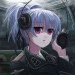 1girl ???_(artist) character_request copyright_request eyebrows_visible_through_hair grey_hair headphones highres looking_at_viewer parted_lips short_ponytail solo tank_interior uniform upper_body violet_eyes 