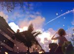  1girl arm_up blouse blue_skirt byakuya_reki clouds condensation_trail evening from_behind lens_flare letterboxed original outdoors petals pleated_skirt revision scenery school_uniform short_hair short_sleeves skirt sky smoke_trail solo tree white_blouse 