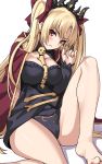  1girl bangs barefoot black_leotard blonde_hair blush breasts brown_eyes cloak ereshkigal_(fate/grand_order) eyebrows_visible_through_hair fate/grand_order fate_(series) knee_up large_breasts leotard long_hair looking_at_viewer parted_bangs parted_lips shiseki_hirame simple_background sitting solo tohsaka_rin twintails very_long_hair white_background 