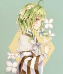  1girl ahoge bow capelet commentary_request flower from_side green_eyes green_hair gumi hair_bow hair_flower hair_ornament highres holding japanese_clothes kimono lace_trim long_hair long_sleeves looking_at_viewer looking_to_the_side marker_(medium) paruno pinwheel profile shirt smile solo striped striped_kimono traditional_media undershirt upper_body vocaloid white_shirt wide_sleeves 