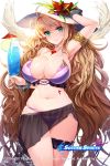  1girl 2014 2017 adjusting_clothes adjusting_hat arm_up armlet armpits bikini blonde_hair blush breasts choker cowboy_shot cuffs cup drinking_glass flower green_eyes halter_top halterneck hat hat_flower heart_pendant highres jewelry large_breasts long_hair looking_at_viewer navel official_art parted_lips pendant sarong shackles smile snowball22 soccer_spirits solo stomach striped striped_bikini sun_hat sweat swimsuit very_long_hair wavy_hair 