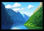  absurdres blue_sky border cliff clouds cloudy_sky commentary_request day forest grass hariken highres lake mountain nature no_humans original outdoors reflection scenery sky tree windowboxed 