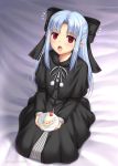  1girl black_dress blue_hair bow cake dress empty_eyes food holding len long_hair looking_up melty_blood miyai_max open_mouth plate pointy_ears red_eyes ribbon sitting solo tsukihime 