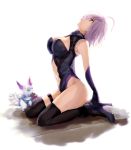  1girl ahoge arched_back arm_support armadillo-tokage armpits bangs bare_shoulders black_boots black_gloves black_legwear black_leotard blue_boots blue_high_heels boots breasts cleavage cleavage_cutout crying crying_with_eyes_open elbow_gloves fate/grand_order fate_(series) female fou_(fate/grand_order) from_side full_body gloves hair_over_one_eye head_back high_heel_boots high_heels highleg highleg_leotard highres large_breasts lavender_hair legband legs leotard looking_up mash_kyrielight mashu_kyrielite navel navel_cutout parted_lips seiza shielder_(fate/grand_order) short_hair simple_background sitting skin_tight sleeveless sleeveless_turtleneck tears thigh-highs thigh_boots thigh_strap turtleneck type-moon violet_eyes white_background 
