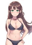  10s 1girl arm arm_behind_back bare_arms bare_legs bare_shoulders bikini black_bikini black_swimsuit blush breasts brown_hair c: cleavage closed_mouth collarbone cowboy_shot female floating_hair green_eyes groin hand_on_hip highres holaa idolmaster idolmaster_cinderella_girls large_breasts legs long_hair looking_at_viewer midriff navel neck shibuya_rin simple_background smile solo swimsuit white_background 