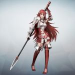  1girl armor bangs belt boots breastplate commentary_request elbow_gloves fire_emblem fire_emblem:_kakusei fire_emblem_musou full_body garter_straps gauntlets gloves gradient gradient_background grey_background highres long_hair looking_at_viewer official_art polearm red_eyes redhead simple_background skirt smile solo spear thigh-highs thigh_boots cordelia_(fire_emblem) weapon zettai_ryouiki 