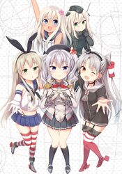  5girls alternate_eye_color amatsukaze_(kantai_collection) black_dress black_legwear black_neckerchief blonde_hair blue_sailor_collar brown_eyes crop_top cropped_jacket dress elbow_gloves fang flower garrison_cap gloves green_eyes grey_shirt hair_between_eyes hair_flower hair_ornament hat highres jacket kantai_collection kashima_(kantai_collection) kerchief kneehighs long_hair long_sleeves multiple_girls neckerchief one_eye_closed pink_flower ro-500_(kantai_collection) sailor_collar sailor_dress sailor_shirt shimakaze_(kantai_collection) shirt short_hair silver_hair sleeveless sleeveless_shirt smile striped striped_legwear thigh-highs two_side_up u-511_(kantai_collection) violet_eyes white_gloves white_jacket white_sailor_collar yoshikita_popuri 