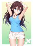  1girl :o armpits arms_up black_hair blue_eyes blush breasts cross cross_necklace gradient gradient_background jewelry long_hair looking_at_viewer necklace original ray-akila ray_littlechamber shorts small_breasts solo tank_top 