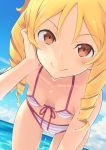  10s 1girl bare_arms bare_shoulders beach bent_over bikini blue_sky blush breasts brown_eyes clouds day drill_hair eromanga_sensei errant hand_in_hair leaning_forward looking_at_viewer navel ocean sky small_breasts smile solo striped striped_bikini swimsuit twin_drills wet yamada_elf 