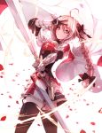  1boy ahoge armor black_legwear braid ekh eyebrows_visible_through_hair fate/apocrypha fate_(series) from_behind highres holding holding_sword holding_weapon long_hair looking_at_viewer multicolored_hair pink_eyes pink_hair rider_of_black sheath solo sword thigh-highs trap v weapon white_hair 