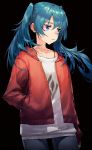  1girl aqua_eyes aqua_hair arm_at_side bangs black_background cowboy_shot denim eyebrows_visible_through_hair hand_in_pocket hatsune_miku highres jacket jeans long_hair long_sleeves looking_to_the_side pants pocket red_jacket ryono_mizuki simple_background solo suna_no_wakusei_(vocaloid) twintails vocaloid 