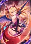  1girl akkijin bat blonde_hair card demon_horns demon_tail demon_wings dress elf embarrassed gloves horns looking_at_viewer orange_eyes pointy_ears pumpkin purple_dress purple_gloves scythe shinkai_no_valkyrie solo tail thigh-highs twintails weapon wings 