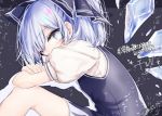  1girl black_dress blue_eyes blue_hair bow cirno dress from_side hair_bow ice ice_wings long_hair looking_at_viewer looking_to_the_side mokokiyo_(asaddr) puffy_short_sleeves puffy_sleeves short_sleeves sitting snowflakes solo symbol-shaped_pupils touhou wings 