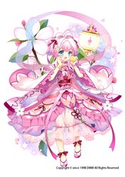  1girl :d ahoge apple blue_eyes bow bow_by_hair bracelet choker dress flower flower_knight_girl food fruit full_body hair_bow hair_flower hair_intakes hair_ornament jewelry kurot layered_dress looking_at_viewer object_namesake official_art open_mouth pink_choker pink_hair red_bow ribbon_choker ringo_(flower_knight_girl) see-through shoes short_hair smile solo 