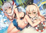  2girls adapted_costume amatsukaze_(kantai_collection) ass beach bikini black_bikini blonde_hair blush breasts brown_eyes butt_crack closed_mouth clouds cloudy_sky day dutch_angle garter_straps hair_between_eyes hairband hat horizon kantai_collection kawai long_hair looking_at_viewer lying mini_hat multiple_girls navel on_side open_fly open_pants outdoors rensouhou-chan shimakaze_(kantai_collection) short_shorts shorts silver_hair sky small_breasts smile suspenders swimsuit yellow_eyes 