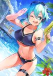  3girls beach bikini black_bikini blue_eyes blue_hair cowboy_shot dutch_angle flower goggles goggles_on_head hair_ornament hairclip hibiscus holding holding_weapon horizon leafa leaning_forward multiple_girls nisimy ocean one_eye_closed open_mouth pier shinon_(sao) short_hair silica solo_focus swimsuit sword_art_online thigh_strap water_gun weapon 