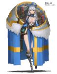  1girl belt blue_eyes book braid breasts cleavage full_body greaves hat highres long_hair looking_at_viewer mole mole_under_eye original pointy_ears silver_hair sky_of_morika smile solo sweden swedish_flag 