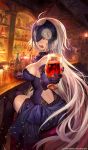  1girl ahoge alcohol bangs bar bar_stool blue_dress blush bottle breasts cup dress drinking_glass elbow_gloves eyebrows_visible_through_hair fate/grand_order fate_(series) from_side gloves grey_hair half-closed_eyes hand_up headpiece highres holding holding_drinking_glass holding_glass jeanne_alter lack large_breasts long_hair looking_at_viewer official_art open_mouth purple_gloves purple_legwear ruler_(fate/apocrypha) sideboob sitting solo stool teeth thigh-highs very_long_hair watermark wine wine_bottle wine_glass yellow_eyes 