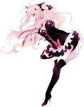  1girl black_boots black_dress black_ribbon boots bow dress floating_hair from_side full_body hair_between_eyes hair_ornament high_heel_boots high_heels highres krul_tepes leaning_forward long_hair looking_at_viewer one_leg_raised owari_no_seraph pink_hair red_bow red_eyes red_ribbon ribbon short_dress simple_background smile solo standing thigh-highs thigh_boots very_long_hair white_background 