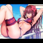  1girl arms_behind_head ass beach beach_chair bikini blush breasts day fate/grand_order fate_(series) flower hair_flower hair_ornament knees_up large_breasts long_hair looking_at_viewer lying purple_bikini purple_hair red_eyes scathach_(fate/grand_order) scathach_(swimsuit_assassin)_(fate) shoukaki_(earthean) skindentation smile solo swimsuit thigh_strap underbust water 