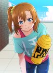  1girl asymmetrical_bangs bangs blue_eyes blue_pants blue_shirt blush bottle brick_wall clouds day eyebrows_visible_through_hair fence foreshortening hair_ornament hair_scrunchie highres holding holding_bottle kousaka_honoka leaning_forward looking_at_viewer love_live! love_live!_school_idol_project off_shoulder offering_drink omaehadareda-uso one_side_up orange_hair pants red_shirt rooftop scrunchie shirt sky smile solo sweat tile_floor tiles undershirt water_bottle yellow_scrunchie 