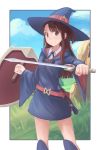  1girl bangs belt blue_hat blue_robe blunt_bangs breasts brown_eyes brown_hair clenched_hands clenched_teeth clouds cowboy_shot day grass hat highres holding holding_shield holding_sword holding_weapon kagari_atsuko knee_pads little_witch_academia long_hair looking_at_viewer medium_breasts red_belt redpoke robe rock shield short_sword sky smile solo sword teeth unsheathed wand weapon wide_sleeves witch witch_hat 