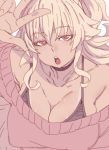  1girl :o bare_shoulders black_bra blonde_hair bra breasts cleavage close-up collarbone commentary_request erect_nipples eyebrows_visible_through_hair large_breasts medium_hair off_shoulder red_eyes simple_background solo sweater tan tasaka_shinnosuke underwear v white_background 