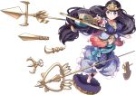  1girl black_hair blue_eyes bowgun breasts crown full_body holding holding_weapon jewelry kannonji_(oshiro_project) large_breasts long_hair midriff navel necklace official_art oshiro_project oshiro_project_re sheep_sleep short_sleeves smile transparent_background very_long_hair weapon 