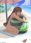  1girl artist_name azusa_(hws) beach bikini blush commentary crab dated food long_hair low-tied_long_hair original popsicle sand solo sweatdrop swimsuit umbrella 