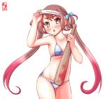  1girl alternate_costume asagumo_(kantai_collection) baseball_bat bikini blindfold_removed brown_hair collarbone commentary_request grey_eyes highres holding kanon_(kurogane_knights) kantai_collection long_hair looking_at_viewer simple_background sketch solo striped striped_bikini sweat swimsuit twintails white_background 