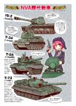  1girl artumph breasts ground_vehicle gun handgun highres is-2 machine_gun military military_vehicle motor_vehicle original pink_hair pistol red_eyes t-34 t-55 t-72 tank tank_helmet translation_request weapon 