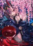  1girl :d alcohol bare_shoulders breasts cherry_blossoms collarbone commentary_request cup fangs fate/grand_order fate_(series) from_above hair_between_eyes hair_ornament highres japanese_clothes kimono looking_at_viewer looking_up off_shoulder oni oni_horns open_mouth petals purple_hair ran_(pixiv2957827) revision sakazuki sake short_hair shuten_douji_(fate/grand_order) small_breasts smile solo violet_eyes 