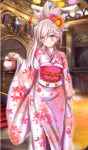  1girl alternate_costume blue_eyes blush earrings fate/grand_order fate_(series) hair_ornament japanese_clothes jewelry kimono looking_at_viewer miyamoto_musashi_(fate/grand_order) nagishy pink_hair ponytail sash smile solo 