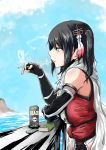  1girl black_gloves black_hair black_skirt coffee day elbow_gloves fingerless_gloves gloves highres kantai_collection rakisuto1 remodel_(kantai_collection) scarf school_uniform sendai_(kantai_collection) serafuku shoreline skirt sky smoke_heart smoking solo two_side_up water white_scarf 