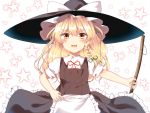  &gt;:d 1girl :d apron bamboo_broom blonde_hair blush braid broom collared_shirt commentary hand_on_hip hat kirisame_marisa large_hat long_hair looking_at_viewer open_mouth shirt side_braid single_braid skirt skirt_set smile solo star starry_background touhou vest waist_apron wavy_hair witch_hat yellow_eyes yururi_nano 