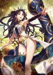  1girl armpits bare_shoulders bow_(weapon) breasts detached_collar detached_sleeves earrings fate/grand_order fate_(series) gabiran groin hair_ribbon holding holding_weapon hoop_earrings ishtar_(fate/grand_order) jewelry long_hair looking_to_the_side medium_breasts navel open_mouth outstretched_arms red_eyes ribbon single_thighhigh solo sparkle teeth thigh-highs tiara tohsaka_rin two_side_up weapon 