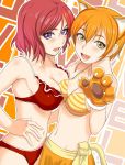  2girls :d animal_ears bikini blush breasts cleavage fang gloves hand_on_another&#039;s_shoulder hand_on_hip highres hoshizora_rin looking_at_viewer love_live! love_live!_school_idol_project medium_breasts multiple_girls navel nishikino_maki open_mouth orange_hair oretoreon paw_gloves paws red_bikini redhead smile striped striped_bikini swimsuit violet_eyes 