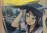  1girl bag bag_over_head blonde_hair blush brown_hair car city commentary_request green_eyes ground_vehicle hair_ornament hair_ribbon hairclip inubouzaki_fuu long_hair looking_at_viewer miyoshi_karin motor_vehicle open_mouth outdoors piza_rokumai pov rain revision ribbon school_bag school_uniform short_sleeves teeth umbrella yuuki_yuuna_wa_yuusha_de_aru yuusha_de_aru 