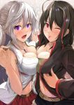  2girls black_hair blush breast_press breasts cleavage closed_mouth double_bun eyebrows_visible_through_hair jewelry kanzaki_kureha large_breasts long_hair looking_at_viewer multiple_girls navel necklace one_eye_closed open_mouth original red_eyes smile symmetrical_docking tongue tongue_out violet_eyes white_hair 