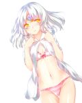  1girl bra breasts cleavage cowboy_shot dress_shirt elsword facial_mark floating_hair groin long_hair looking_at_viewer navel open_clothes open_shirt panties parted_lips pink_bra pink_panties shirt silver_hair simple_background small_breasts solo underwear white_backgrond white_shirt yellow_eyes 