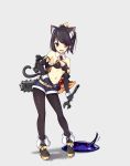  1girl :d animal_ears bangs bare_shoulders belt black_hair black_legwear boots brooch cat_ears cat_tail chainsaw character_request contrapposto criss-cross_halter detached_collar elbow_gloves eyebrows_visible_through_hair fang fingerless_gloves full_body gloves grey_background hair_ribbon halterneck highres jewelry kaede_(003591163) leaning_forward midriff navel o-ring_top open_mouth pantyhose ponytail red_eyes ribbon short_shorts shorts simple_background smile solo standing swept_bangs tail wrench 