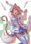  1boy :3 :d animal_ears armpits arms_up bangs bare_shoulders black_legwear blue_bow blue_choker blue_dress blue_legwear blue_ribbon blush_stickers bob_cut bolo_tie bow bow_dress brown_hair cat_ears cat_tail cat_teaser checkered checkered_background choker clenched_hands collarbone colored_eyelashes commentary cross-laced_clothes detached_sleeves dress dress_bow eyebrows_visible_through_hair eyelashes fang feet_up felix_argyle fingernails frilled_dress frills front-tie_top hair_between_eyes hair_bow hair_ribbon happy highres jewelry jumping large_bow layered_dress looking_at_viewer male_focus open_mouth orange_eyes pantyhose parted_bangs paw_pose pendant re:zero_kara_hajimeru_isekai_seikatsu ribbon shade short_dress short_eyebrows short_hair simple_background smile solo spaghetti_strap striped striped_legwear striped_ribbon tail thick_eyebrows thigh-highs thigh_gap thighhighs_over_pantyhose trap vertical-striped_dress vertical-striped_legwear vertical_stripes white_background white_bow white_dress yougen_kitsune 
