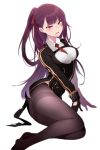  1girl between_breasts black_gloves blush breasts girls_frontline gloves highres long_hair medium_breasts necktie necktie_between_breasts no_shoes open_mouth pantyhose pocari_sweat_(artist) purple_hair red_eyes side_ponytail sweatdrop wa2000_(girls_frontline) white_background 