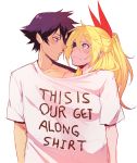  10s 1boy 1girl bayneezone blonde_hair blue blush clothes_writing english eye_contact hair_ribbon highres ichijou_raku kirisaki_chitoge long_hair looking_at_another meme nisekoi ponytail purple_hair ribbon shared_clothes shared_shirt shirt simple_background t-shirt violet_eyes white_background 