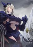  1girl abs armor armored_dress armpits artoria_pendragon_(all) artoria_pendragon_alter_(fate/grand_order) artoria_pendragon_lancer_(fate/grand_order) bangs black_dress black_gloves blonde_hair breasts cape cleavage cloak closed_mouth dress elbow_gloves fate/grand_order fate_(series) gauntlets gloves hair_between_eyes horns horse jewelry large_breasts llamrei_(fate) long_hair mashu_003 pauldrons riding short_hair short_hair_with_long_locks sideboob simple_background solo stomach under_boob upper_body yellow_eyes 