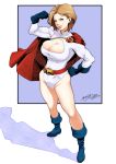  1girl belt boots breasts cape date_naoto dc_comics gloves highres leotard looking_at_viewer muscle power_girl shadow short_hair superhero 