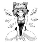  1girl bare_arms blush bow breasts cirno commentary_request full_body greyscale hair_bow ice ice_wings kanzaki_maguro looking_at_viewer medium_breasts monochrome school_swimsuit short_hair simple_background sitting smile solo swimsuit teeth touhou v_arms white_background wings 