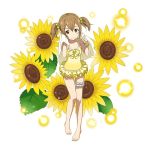  1girl barefoot breasts brown_eyes brown_hair cleavage collarbone flower full_body hair_between_eyes hair_bobbles hair_ornament highres holding_towel short_hair short_twintails silica small_breasts smile solo standing sunflower swimsuit sword_art_online thigh_strap transparent_background twintails wet yellow_flower yellow_swimsuit 