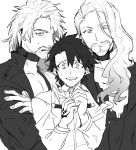  3boys @_@ alternate_hair_length alternate_hairstyle beard dual_persona facial_hair fate/apocrypha fate/grand_order fate_(series) fujimaru_ritsuka_(male) graphite_(medium) lancer_of_black male_focus multiple_boys traditional_media uniform upper_body 